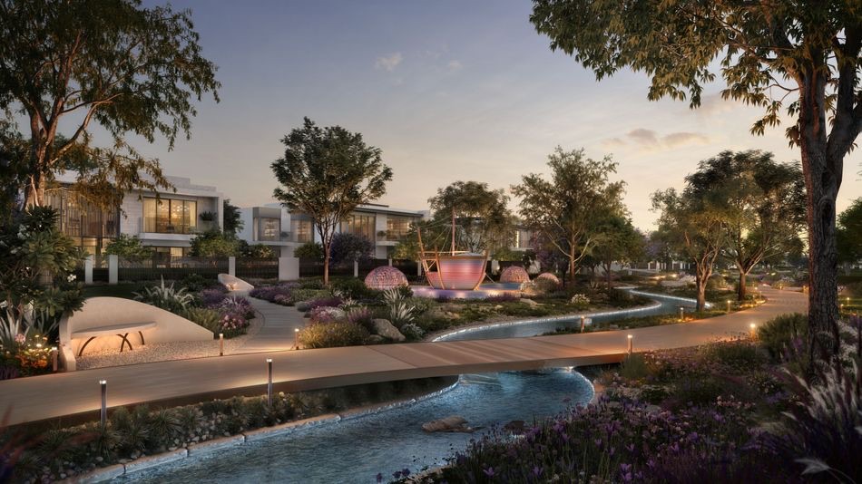 Render of Talay villas and landscaped stream at Marsa Al Saadiyat, courtesy of Aldar